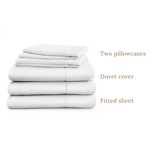 Duvet cover and deep fitted sheet in double, king or super king sizes with two pillowcases, white
