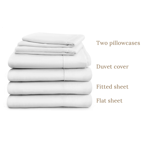 Duvet cover, deep fitted sheet and flat sheet in double, king or super king sizes with two pillowcases, white