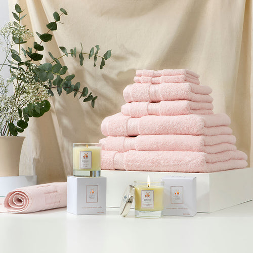 Hampton and Astley’s Pamper Me Bundle includes our indulgently thick 7 piece Egyptian cotton towel set , matching indulgently thick bath mat and two luxury natural scented candles